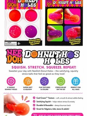 NeeDoh Donut Holes Squishy Stress Balls 4 Pack Sensory Fidget Toy Cool Cream